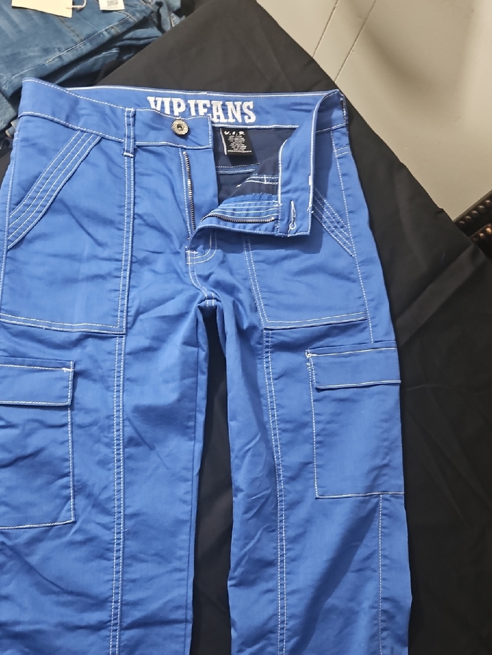 VIP Women's Bright Blue Cargo Pants with White Contrast Stitching